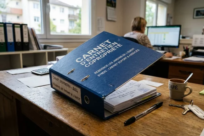 Carnet d’entretien de copropriété bleu posé sur bureau, carnet et stylos, café et clés à côté, ambiance d’accueil en agence copropriété