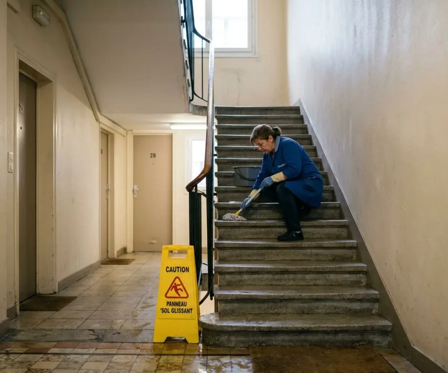 Nettoyage des escaliers en copropriété: agent à genoux nettoyant les marches, panneau de sécurité “Caution sol glissant” à proximité.