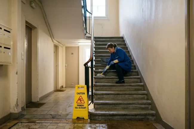 Nettoyage des escaliers en copropriété: agent à genoux nettoyant les marches, panneau de sécurité “Caution sol glissant” à proximité. 