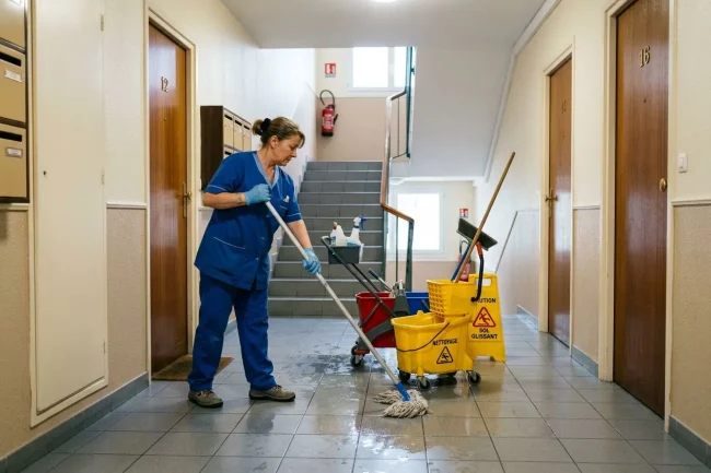 Femme en uniforme nettoyant le sol d’un couloir de copropriété avec seau et balai, près d’un chariot et d'icônes de sécurité