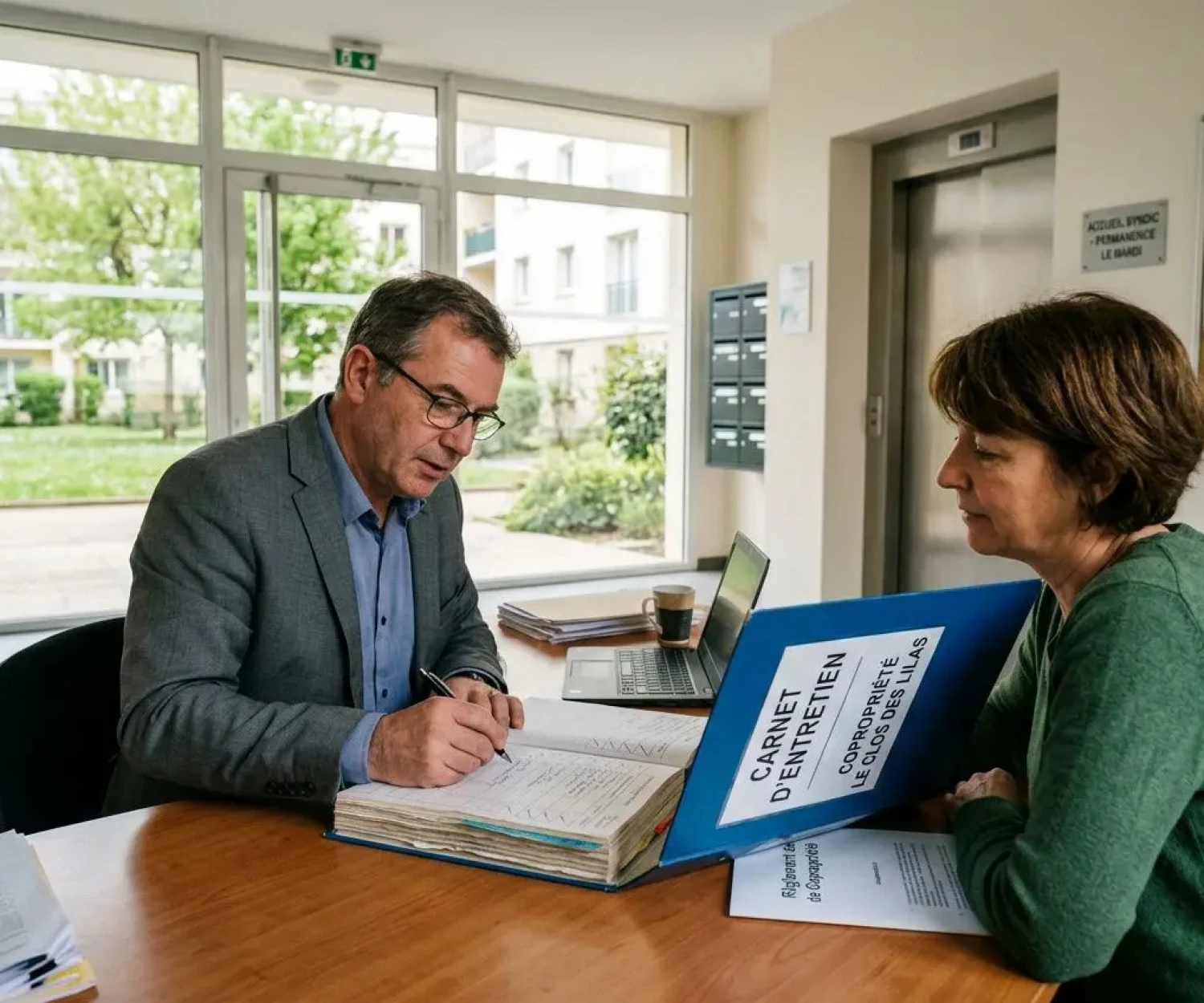Deux professionnels discutent autour d’un carnet d’entretien de copropriété posé sur une table, dans une réception lumineuse.