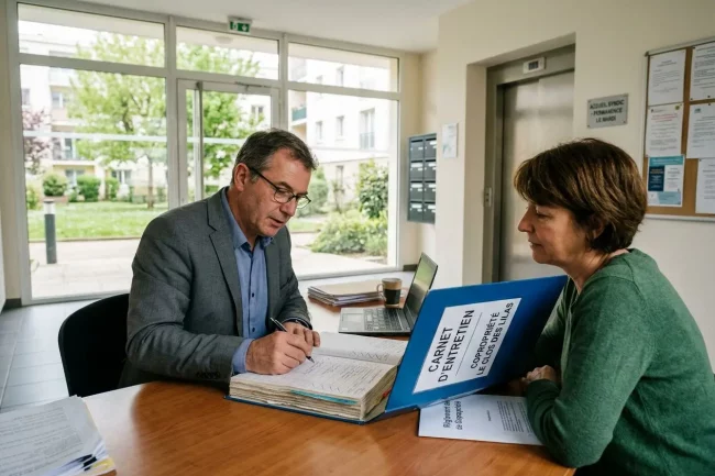 Deux professionnels discutent autour d’un carnet d’entretien de copropriété posé sur une table, dans une réception lumineuse.