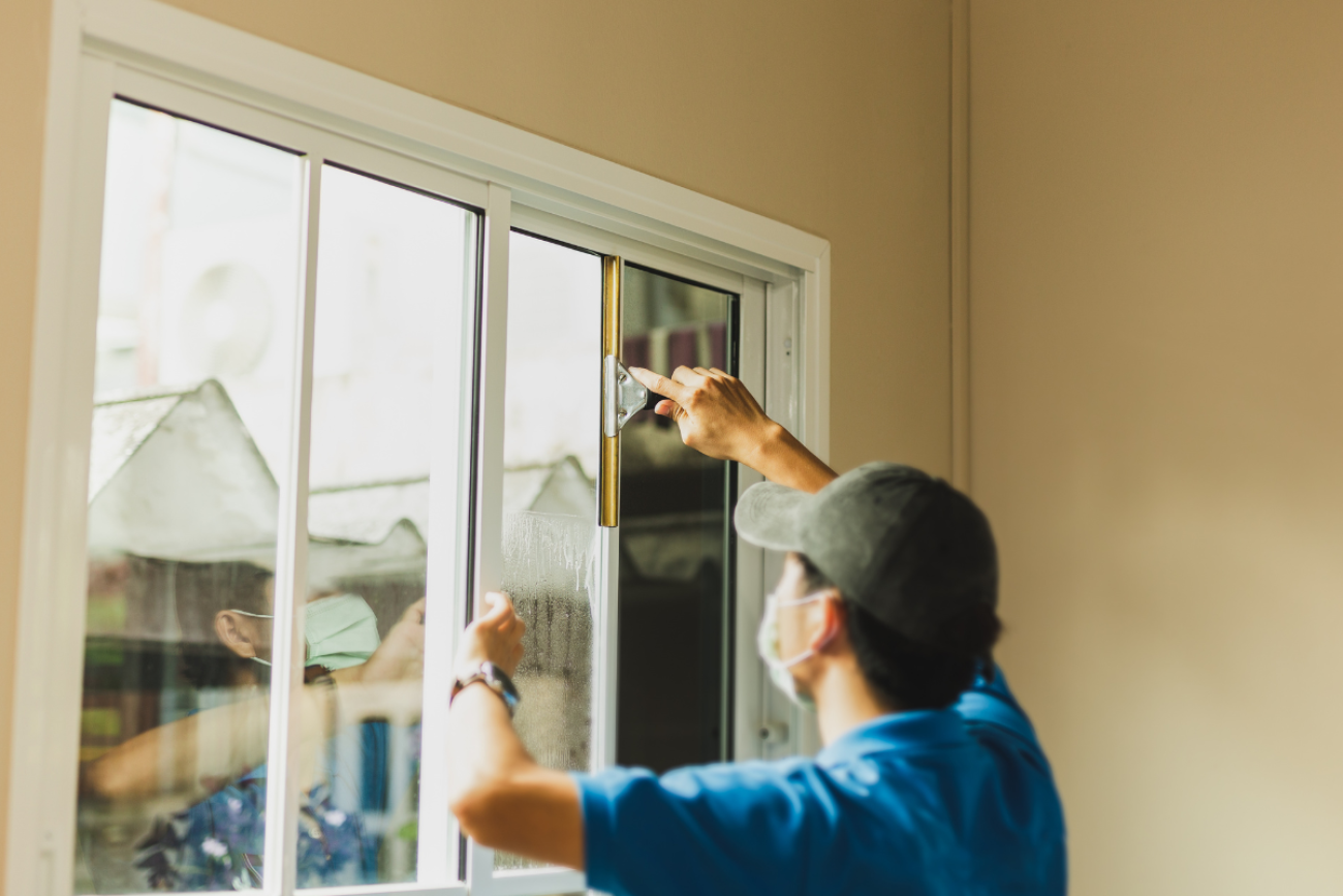 un homme entrain de nettoyer une vitre d'un immeuble
